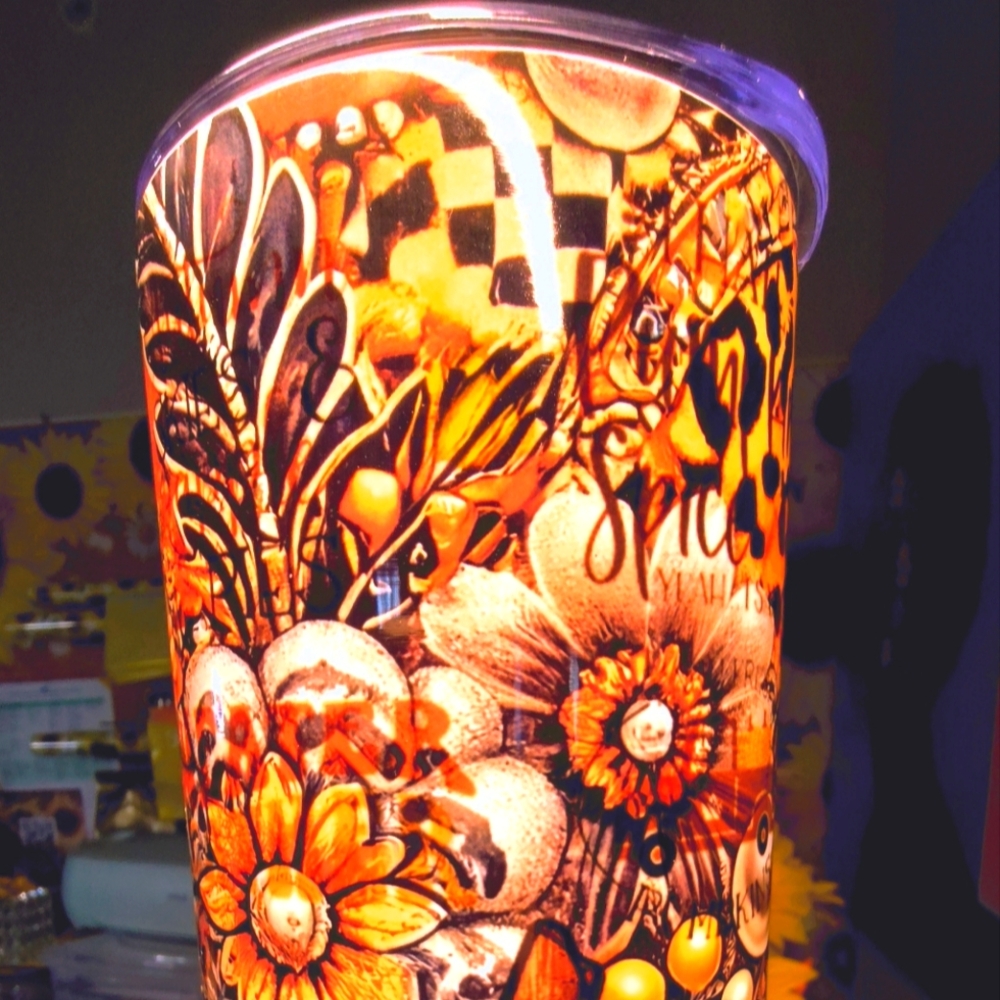 Orange and Black Mixed Media Art Cylinder Tumbler 20z.
